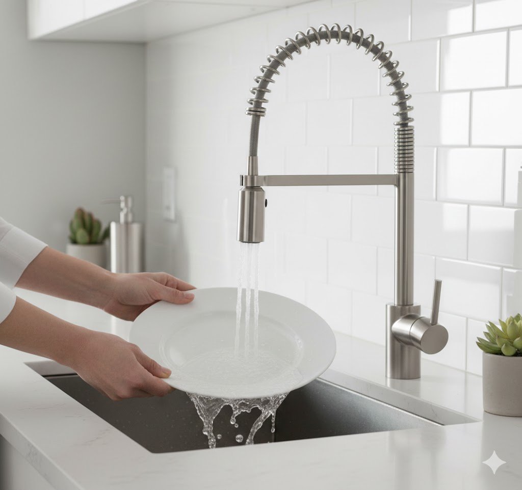 Easy Plumbing luxury pro-style kitchen faucet installed in modern white kitchen