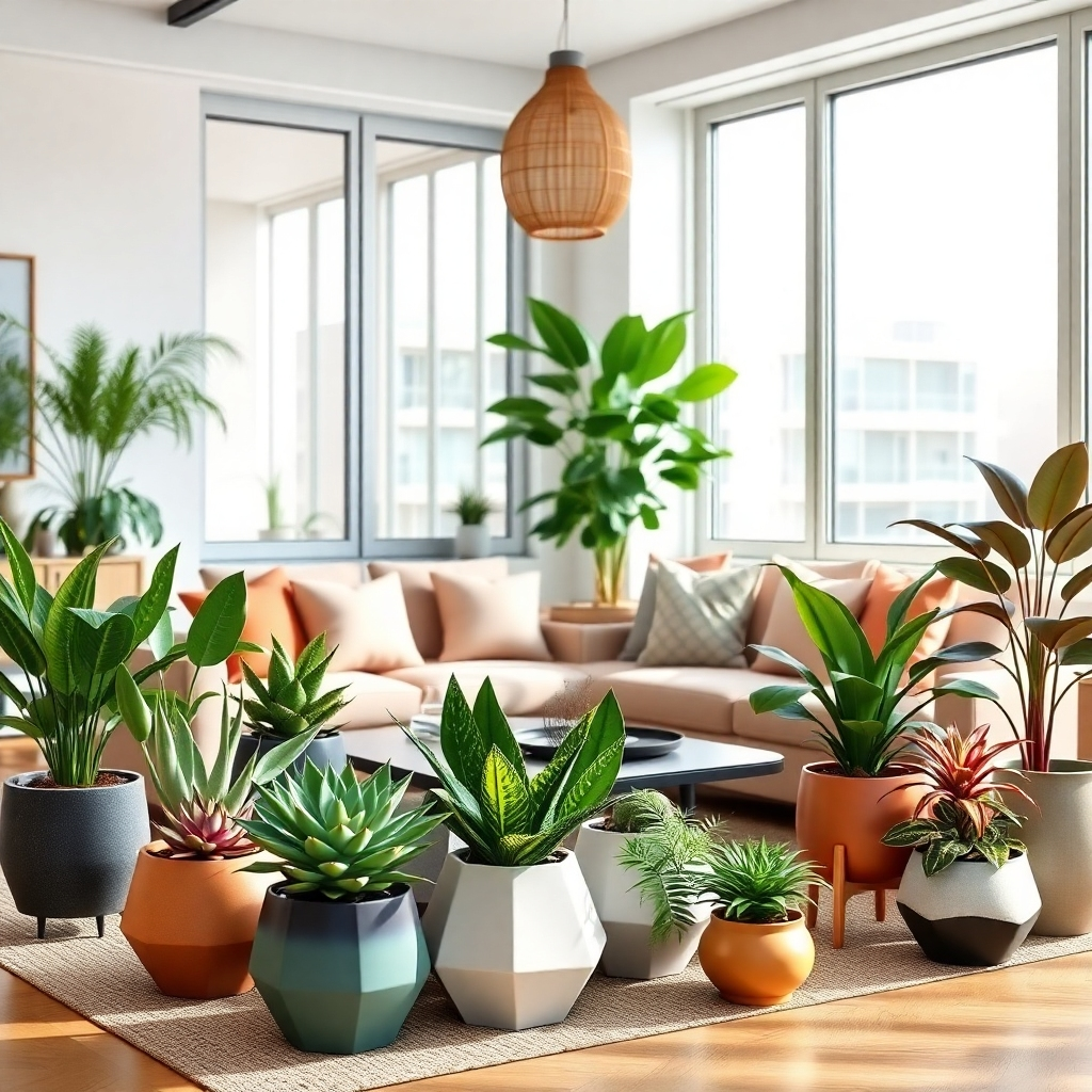 Photorealistic image featuring a variety of indoor plants in stylish planters, arranged in a well-lit living room. Showcase different plant types, including succulents, ferns, and flowering plants. Highlight the aesthetic appeal and air-purifying benefits of indoor plants. The setting should be a modern apartment with large windows and natural light. Style: Bohemian inspired living space with indoor plants