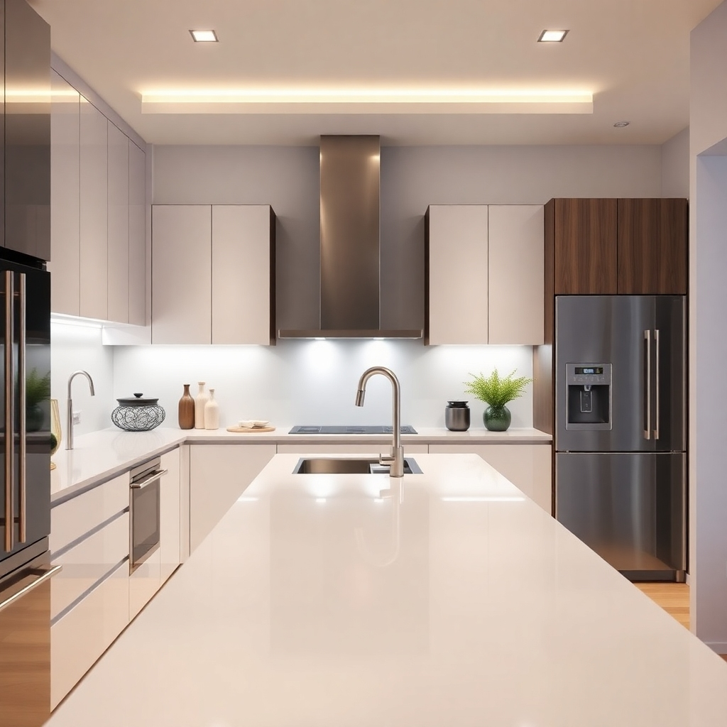 Photorealistic image of a sleek, modern kitchen with minimalist design elements. The kitchen should feature stainless steel appliances, clean lines, and integrated lighting. The color palette should be neutral, with pops of color from accessories and artwork. Style: Scandinavian minimalist. Camera angle: Close-up shot focusing on the kitchen island and countertops.