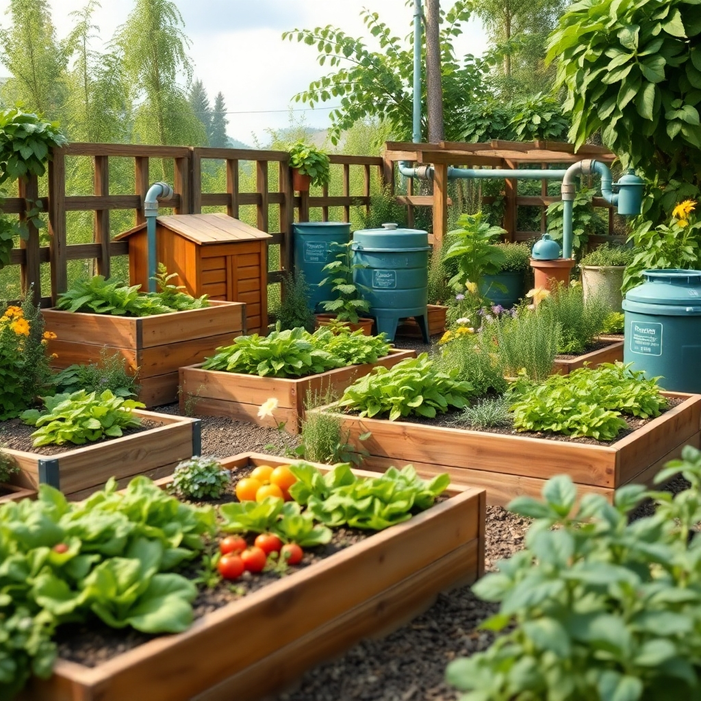 Photorealistic image of a thriving sustainable garden featuring raised garden beds, compost bins, and rainwater harvesting systems. The garden should be filled with a variety of organic vegetables, herbs, and flowers. Showcase the eco-friendly practices, such as composting and water conservation. Style: rustic and natural elements.
