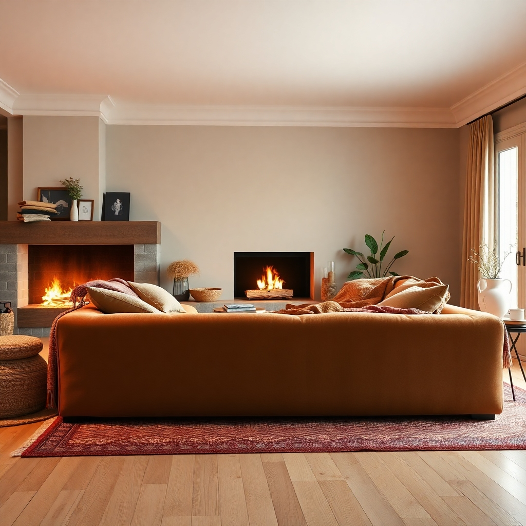 Photorealistic image of a warmly lit living room featuring a plush, oversized sofa, a crackling fireplace, soft throw blankets, and layered rugs. The color palette should be warm and inviting, with earth tones and pops of color. The lighting should be soft and diffused, creating a cozy atmosphere. Style: Hygge, Scandinavian design. Capture the feeling of ultimate relaxation and comfort. Camera angle: medium shot focusing on the sofa and fireplace.