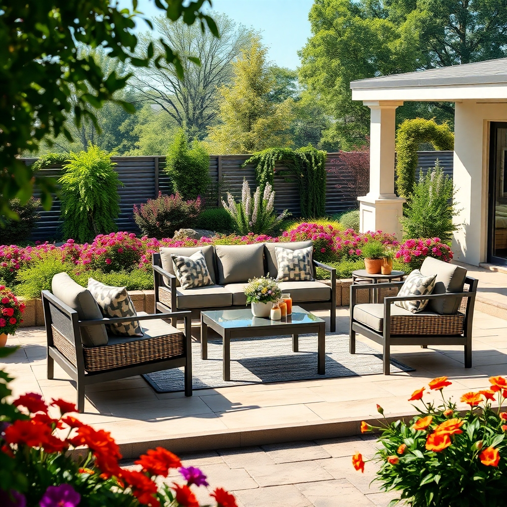 Photorealistic image showcasing a stylish outdoor furniture set on a patio. The set should include a comfortable sofa, armchairs, and a coffee table. Highlight the durability and weather-resistance of the materials. The surrounding environment should be a well-manicured garden with vibrant flowers and greenery. The lighting should be natural and inviting, capturing the essence of outdoor living. Style: Modern outdoor furniture.